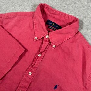 Ralph Lauren Ocean Wash Linen Shirt Men's L Pink Button Down Short Sleeve Preppy